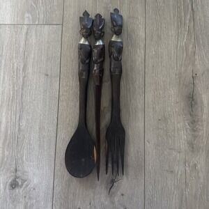 3 VINTAGE PRIMITIVE WOODEN CARVED‎ KITCHEN UTENSILS 15" Fork Knife Spoon